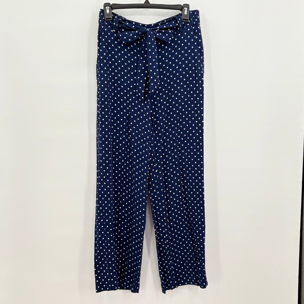 Talbots Navy Blue White Polka Dot Wide Leg Crop Pants Tie Waist Small‎ VN5457